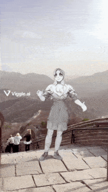 a drawing of a woman standing on a staircase with the words " viggle.ai " on the bottom