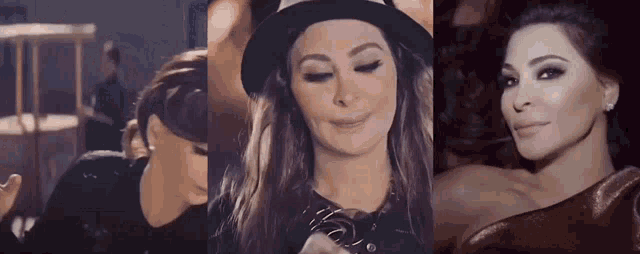 a collage of three pictures of a woman wearing a hat and a dress .