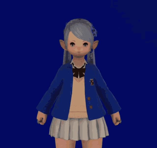 a girl in a blue jacket and white skirt stands with her arms in the air