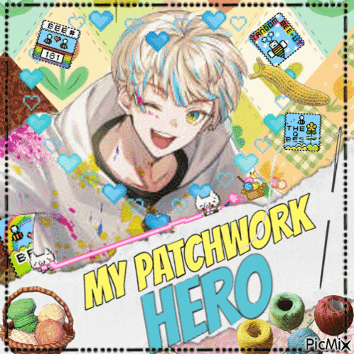 a picture of a boy with a sign that says my patchwork hero