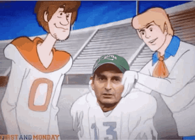 scooby doo and freddie fixing a man 's hat with the number 13 on it