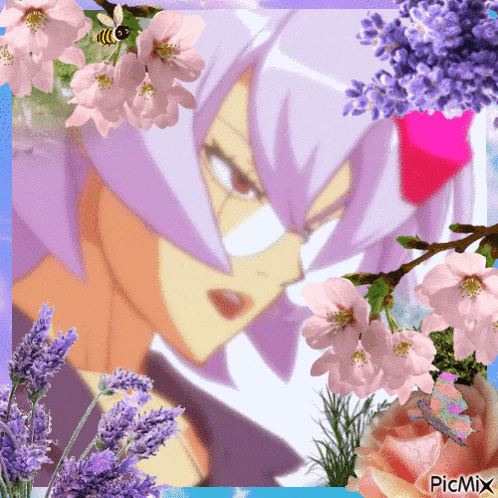 a picture of a girl with purple hair is surrounded by pink and purple flowers and says picmix on the bottom