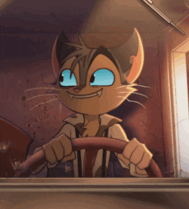 a cartoon cat with blue eyes is holding a red steering wheel