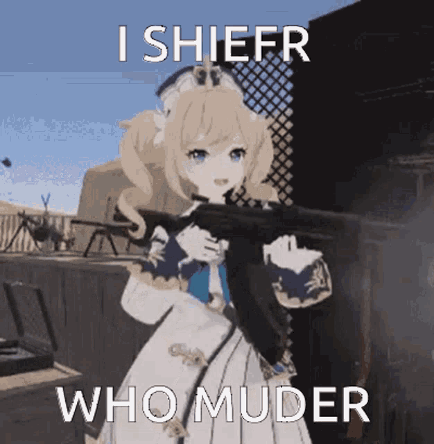 a girl is holding a gun and says `` i shiefr who muder '' .