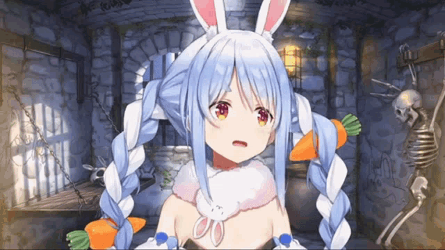 a girl with braided hair and bunny ears holds carrots in her mouth