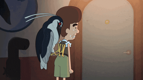 a cartoon drawing of a boy with a bird on his shoulder