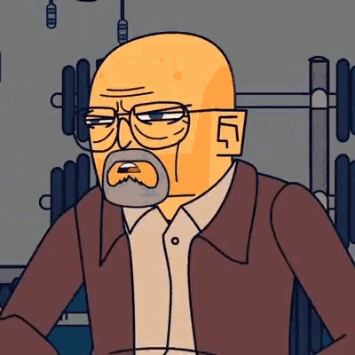 a cartoon of a bald man with glasses and a beard has the number 5 on his forehead