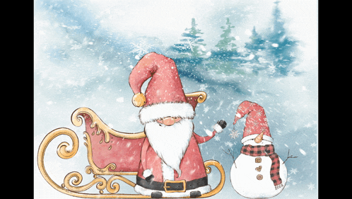 a drawing of santa and a snowman on a sleigh in the snow