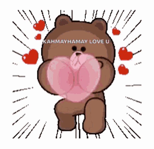 a brown bear is surrounded by hearts and a pink heart .