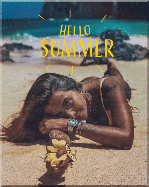 a woman laying on the beach with the words hello summer