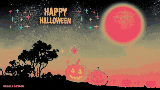 a pixel art of a halloween scene with pumpkins and the words happy halloween