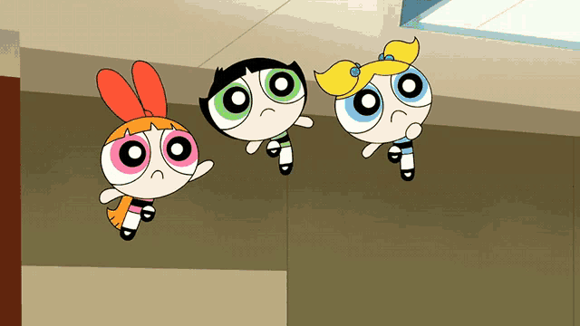 three cartoon characters are standing next to each other looking down