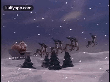 santa claus is flying in a sleigh pulled by reindeer in the snow .