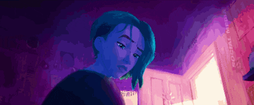 a pixel art of a girl with blue hair looking out a door