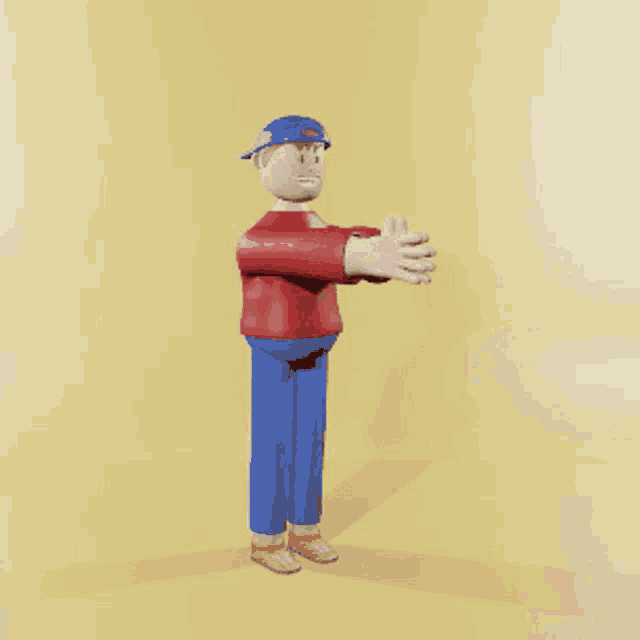 a cartoon character in a red shirt and blue jeans