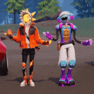 a man and a robot are standing next to each other in a game