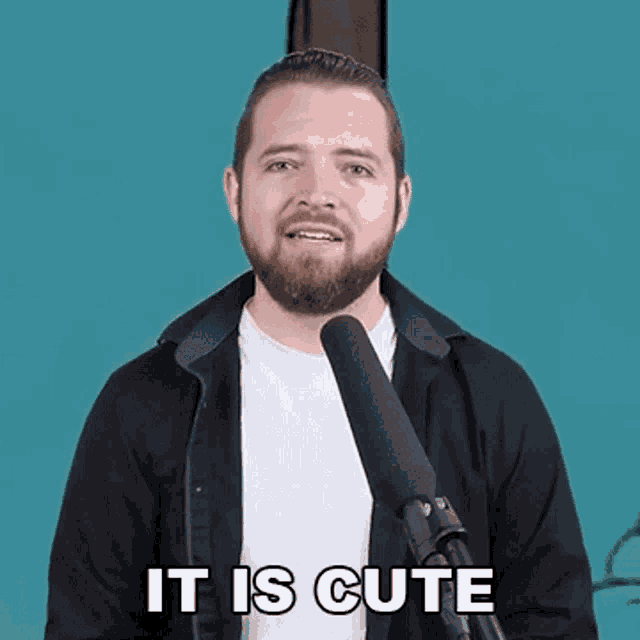 a man with a beard is standing in front of a microphone and says it is cute .