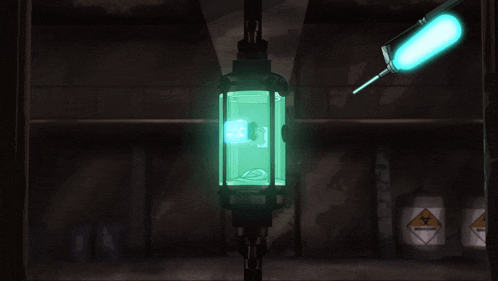 a blue light is shining on a green container with a person inside of it