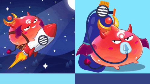 a cartoon of a devil riding a rocket and a cartoon of a devil with a stethoscope