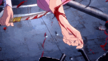 a person is holding a bloody sword in their bloody hand