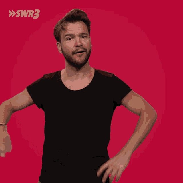 a man in a black shirt is standing in front of a red background with swr3 on it