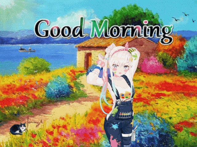 a good morning greeting card with a girl in a painting