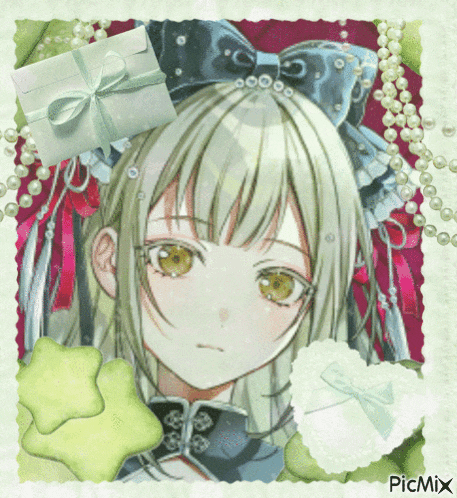 a picture of a girl with a bow on her head has the word picmix on the bottom right