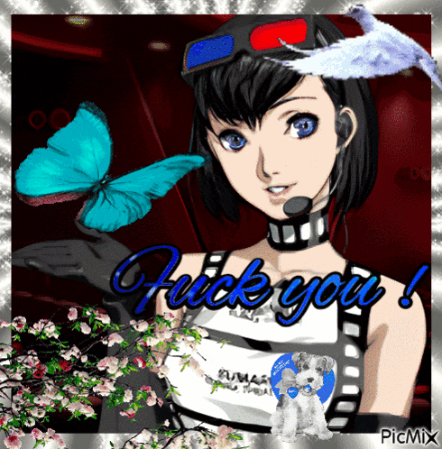 a picture of a girl with the words " fuck you " written on it