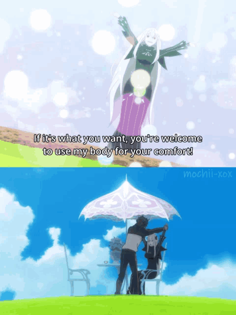 a couple of anime characters sitting under an umbrella with the words if it 's what you want you 're welcome