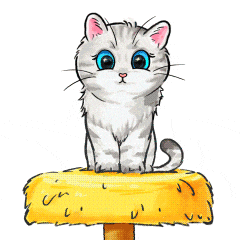 a cartoon drawing of a white cat with blue eyes on a pink background