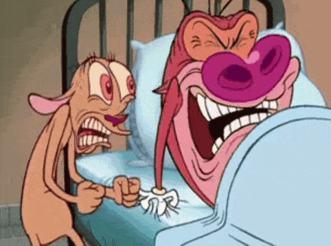 a cartoon character is standing next to another cartoon character in a bed .