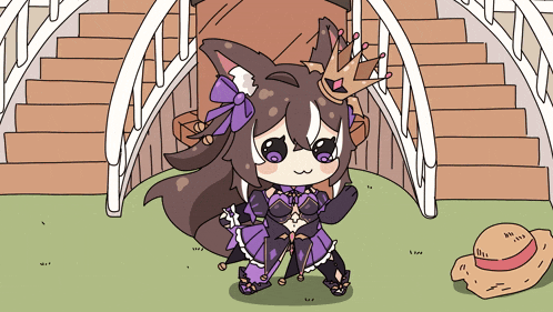 a cartoon drawing of a girl wearing a purple dress and a crown