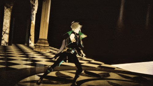a video game character is standing in a dark room