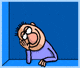 a cartoon of a man sitting in a corner with his hand on his chin .