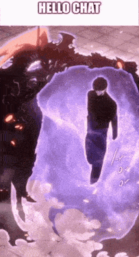 a man is standing in front of a monster with a purple shield .