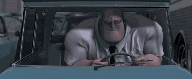 a man in a tie is driving a car