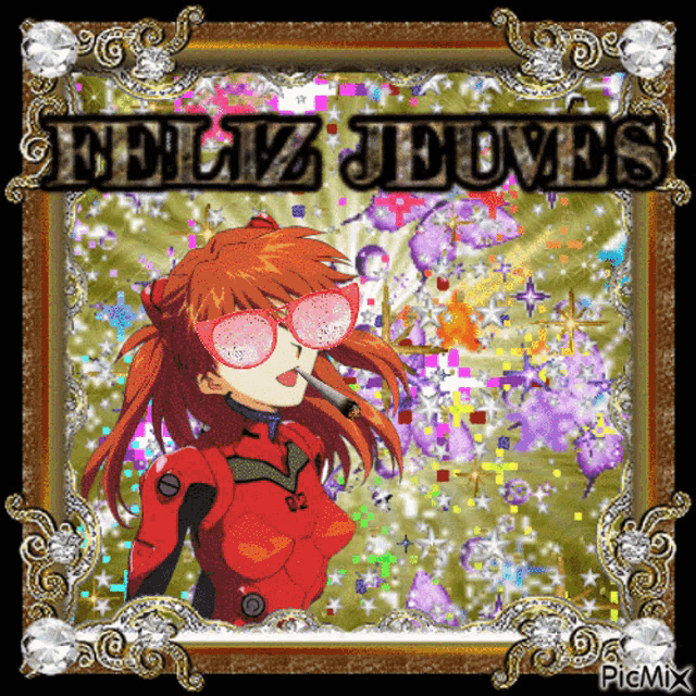 a picture of a girl with sunglasses and the words feliz jueves on it