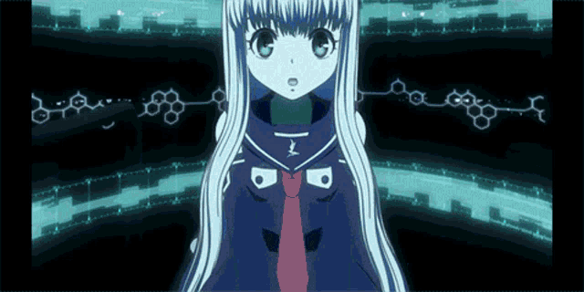 a girl with long blue hair and a red tie has the letter b on her chest
