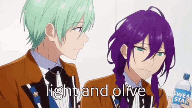 two anime characters are standing next to each other and one of them is holding a bottle of sweat star