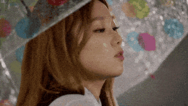 a close up of a woman holding an umbrella .