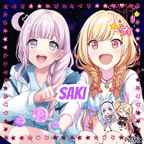 a picture of two anime girls with the name saki in the middle