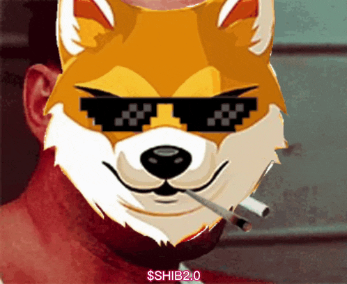 a cartoon dog wearing sunglasses and smoking a cigarette says $ shib2.0