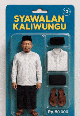 a toy that says syawalan kaliwungu with a man in a white shirt