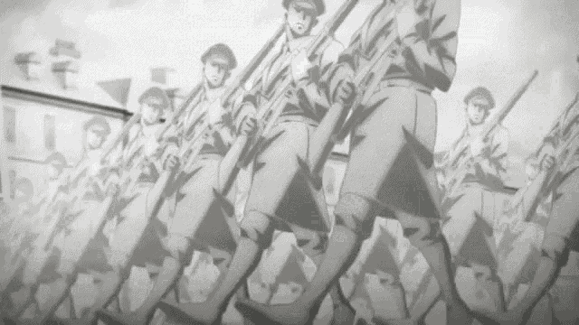 a black and white drawing of soldiers marching in a parade holding guns .