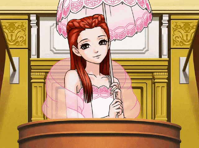 a woman with red hair is holding an umbrella in a courtroom