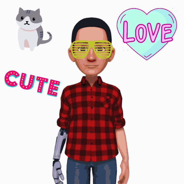 a man wearing sunglasses and a plaid shirt is surrounded by a cat and a heart that says cute