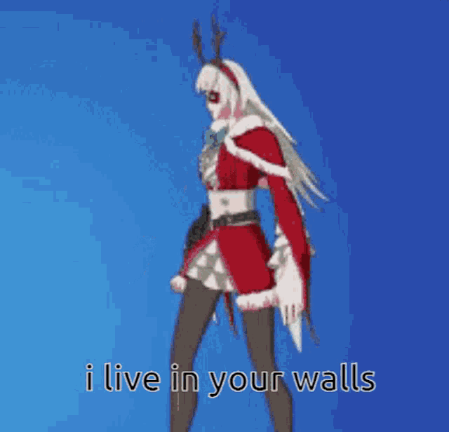 a woman in a santa outfit is standing in front of a blue background with the words " i live in your walls "