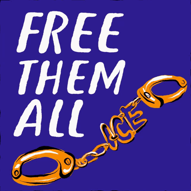 a blue sign that says free them all with handcuffs on it