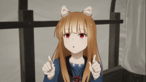 a girl with a cat ear and red eyes is giving a thumbs up