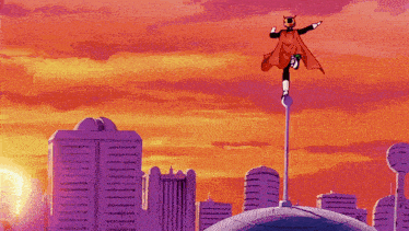 a cartoon character in a red cape is flying over a city at sunset